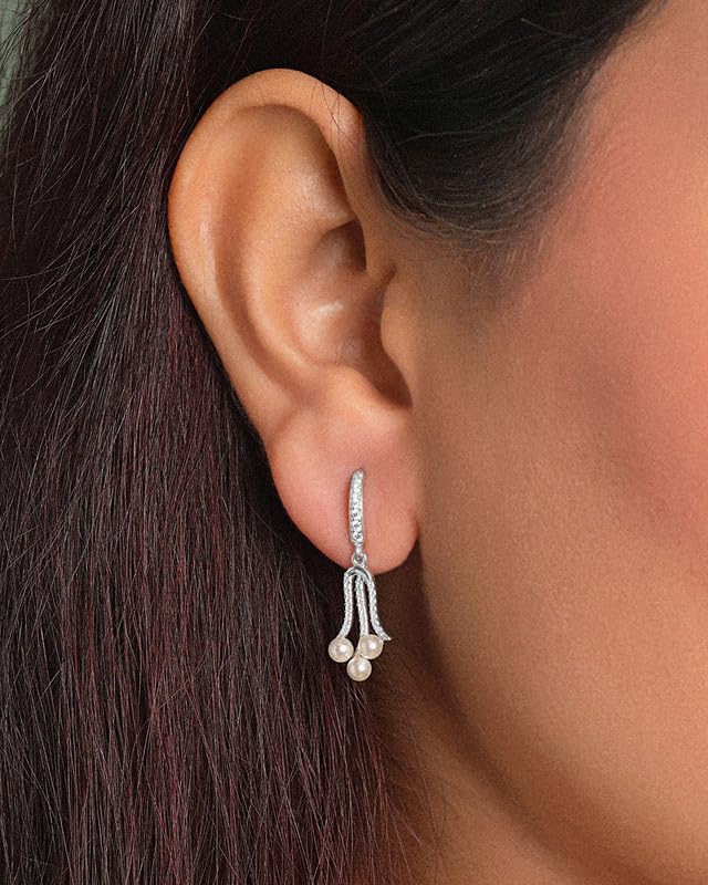 Image of CLARA 925 Sterling Silver Pearl Earrings | Rhodium Plated, Swiss Zirconia, Screw Back | Gift for Women & Girls