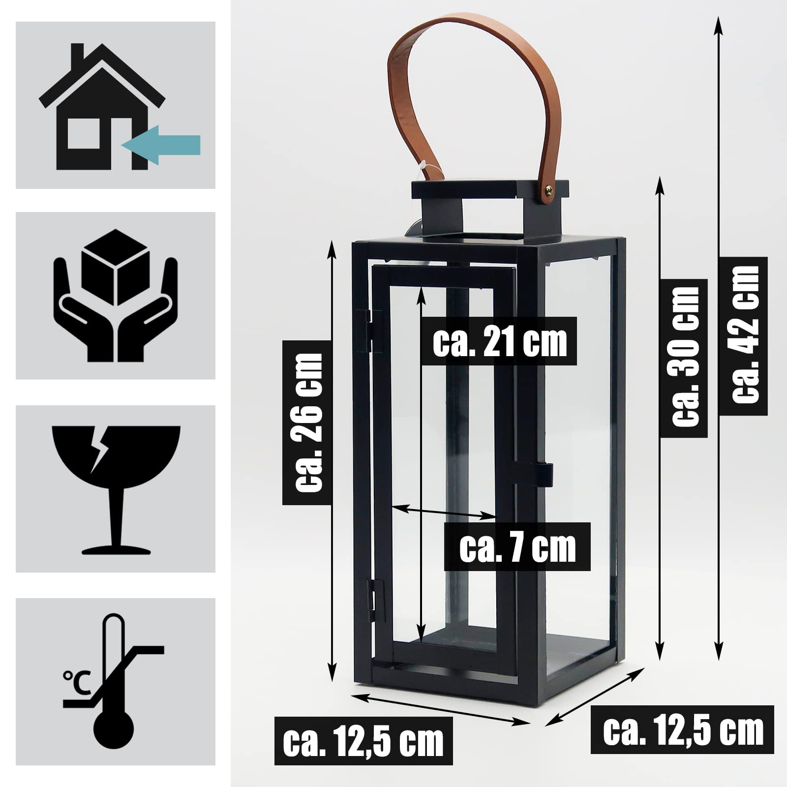 Dekovita 2er-Set Laterne in Schwarz 30cm/42cm - Gartenlaterne mit Glas-Scheiben und Kunstleder-Henkel - Metall Deko-Laterne