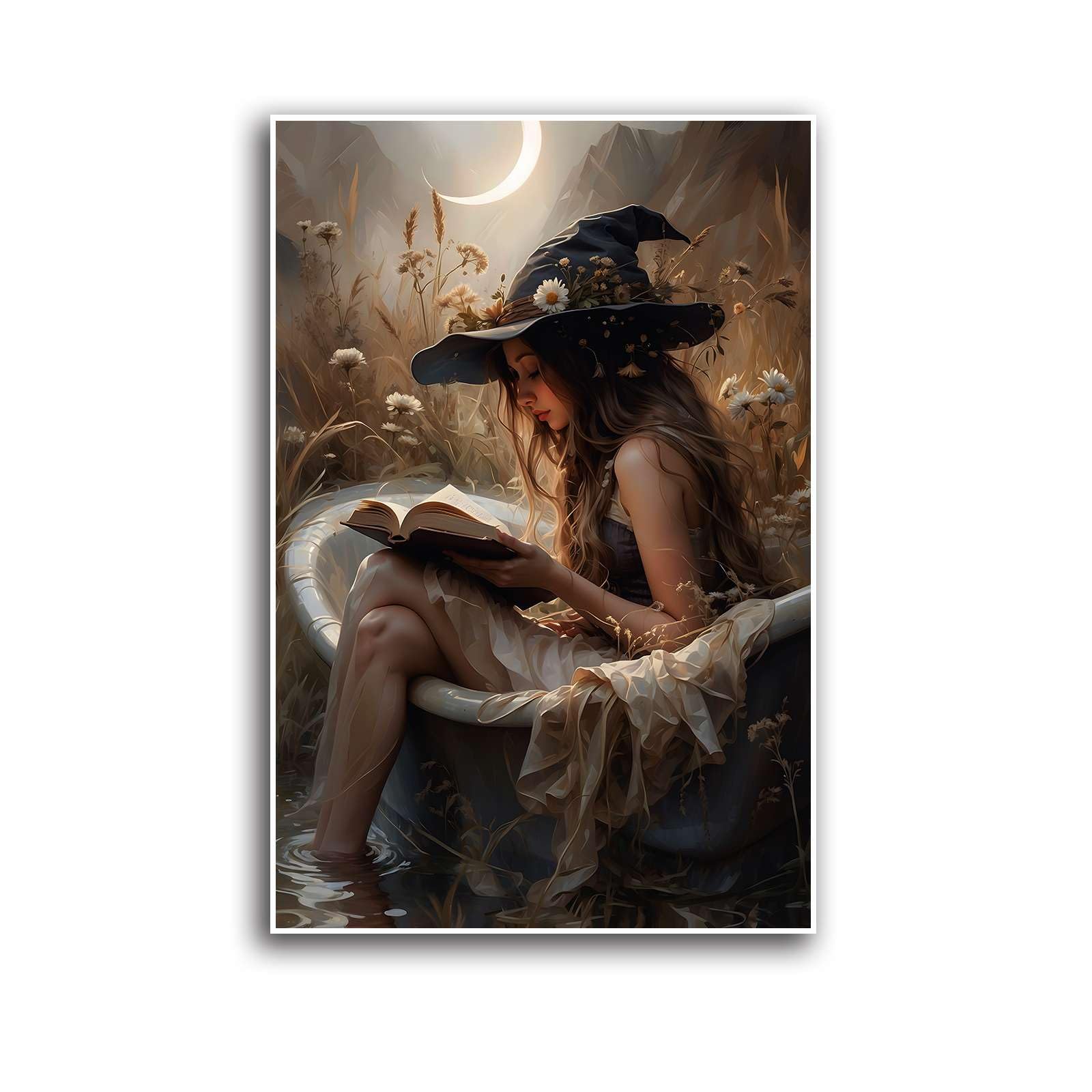 Canvas Wall Art Witch in bathtub reading book print bathroom dark academia moody gothic witchy decor vintage fall poster witch rustic Poster 12x16in UnFramed