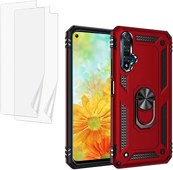 YaHan for Huawei Nova 5T/Honor 20 Case,360 Degree Rotating Ring Kickstand Hybrid Heavy Duty Dual Layer Shockproof Defender Hard Back Case with Screen Film Protector[Not Glass][2 Pack],Red