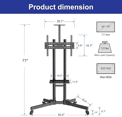 Miniatura 5 de Soporte de TV móvil con ruedas para televisores LED LCD 4K de pantalla planacurva de 32-70 pulgadas, carrito de TV rodantesuelo certificado UL,