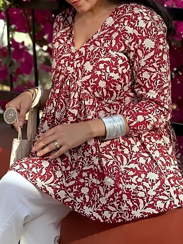 Image of Dream Beauty Fashion Women's Printed Tunic Top /Short Kurti with Long Sleeve V-Neck -23 inch Inches (Tunic-Top)