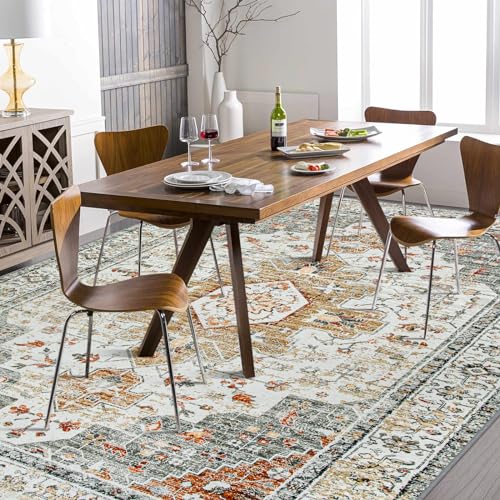 Moynesa Ultra-Thin Washable Area Rug 8x10, Large Living Room Rugs for Bedroom Under Dining Room Table, Vintage Oriental Medallion Printed Low Pile Carpet for Home Office Decor, Beige/Gold