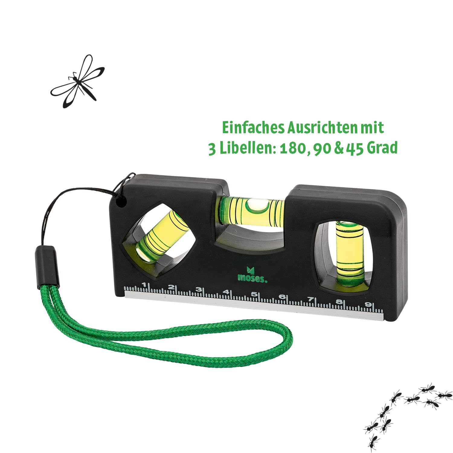 Moses. Expedition Natur Kinder-Wasserwaage, Outdoor Wasserwaage mit Magnet, Lineal und Trageband, Robustes DIY- & Outdoor-Werkzeug für kleine Entdecker, Schwarz-Grün