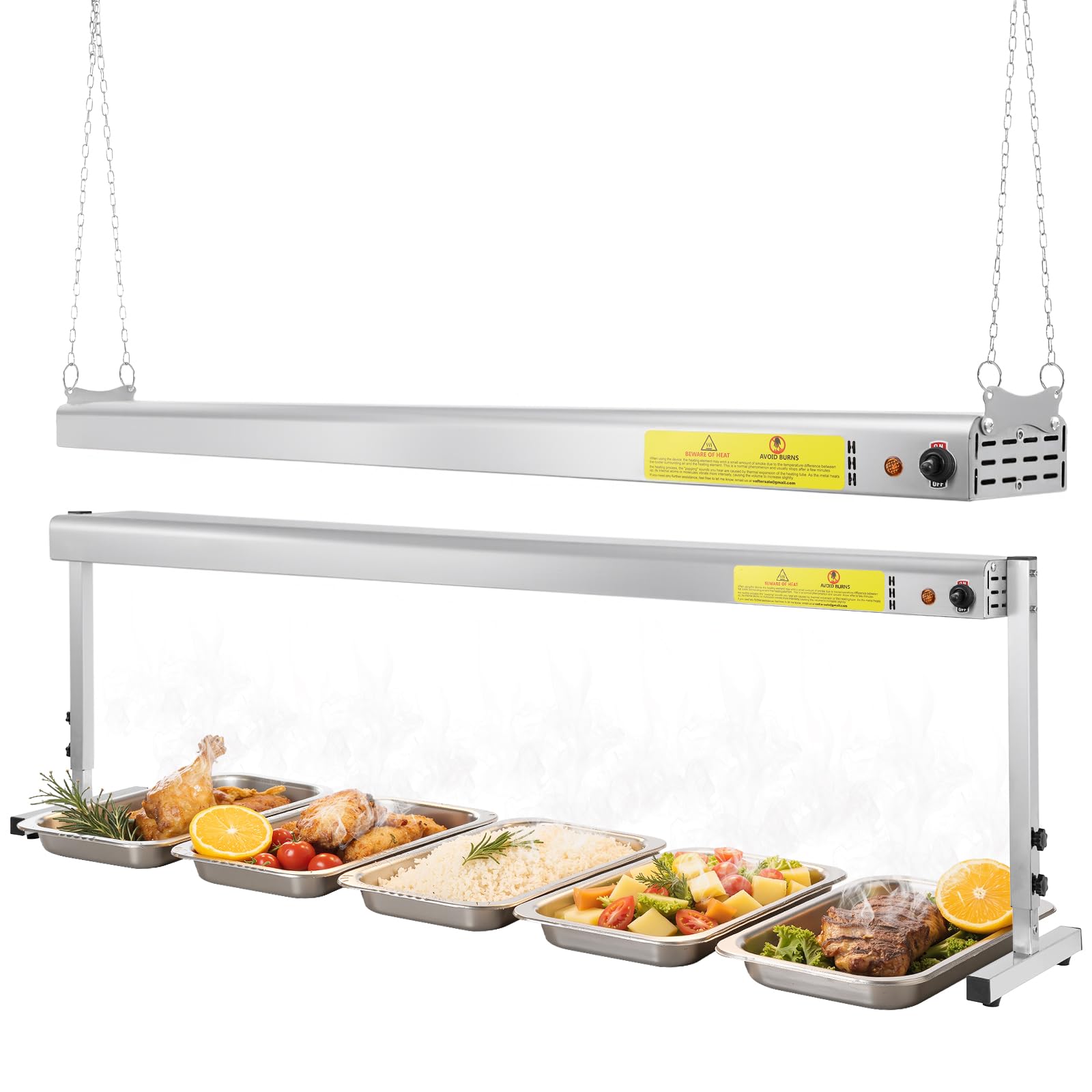 60-inch food heat lamp, 1450w commercial food warmer electric strip heater overhead stainless steel catering heating lamp for buffet restaurant parties kitchen, silver 115v