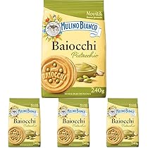 Mulino Bianco Biscotti Baiocchi al Pistacchio, Biscotti con Pistacchio e Pastafrolla Ideali per Colazione o Merenda, Senza Olio di Palma, 1 Sacchetto da 240g (Confezione da 4)
