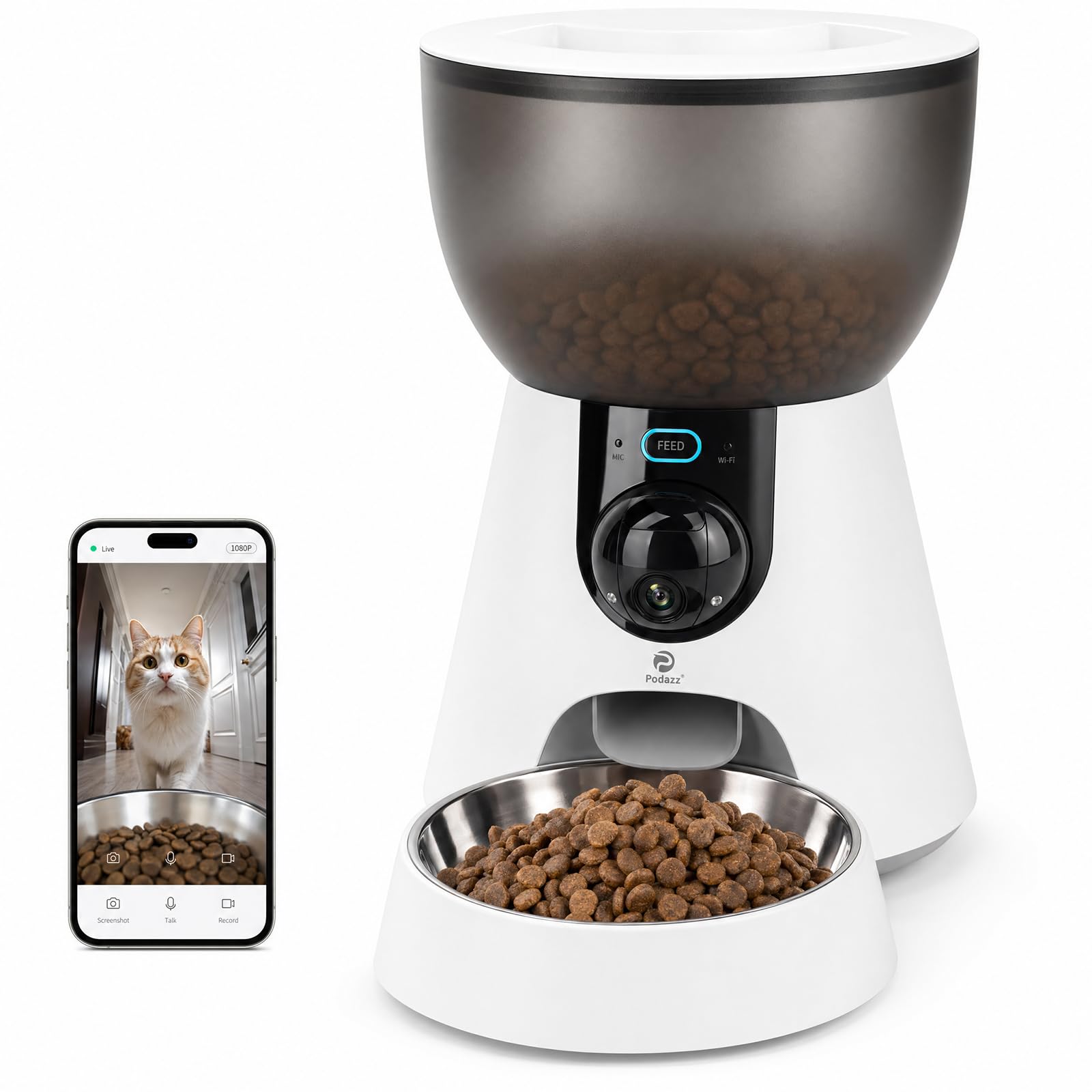 Podazz Comedero Gato Automático con Cámara 1080P, WiFi 5G/2.4G, Dispensador de Comida para Gatos y Perros 4L con App, Visión Nocturna, Audio Bidireccional, 10 Comidas al DÃa, Detección de Movimiento
