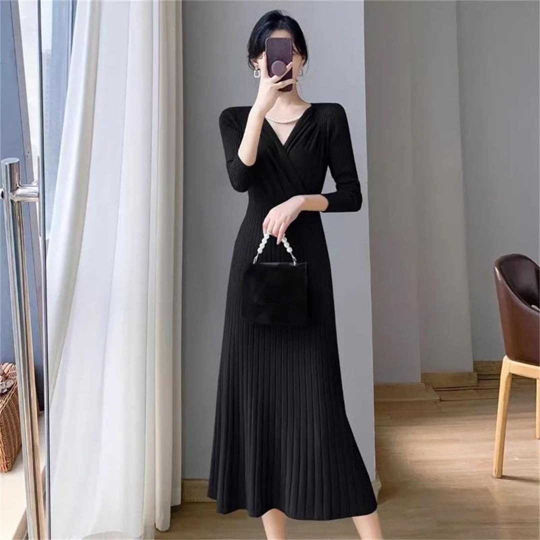 Abito da donna con scollo a V, lavorato a maglia, stile retrò, per feste