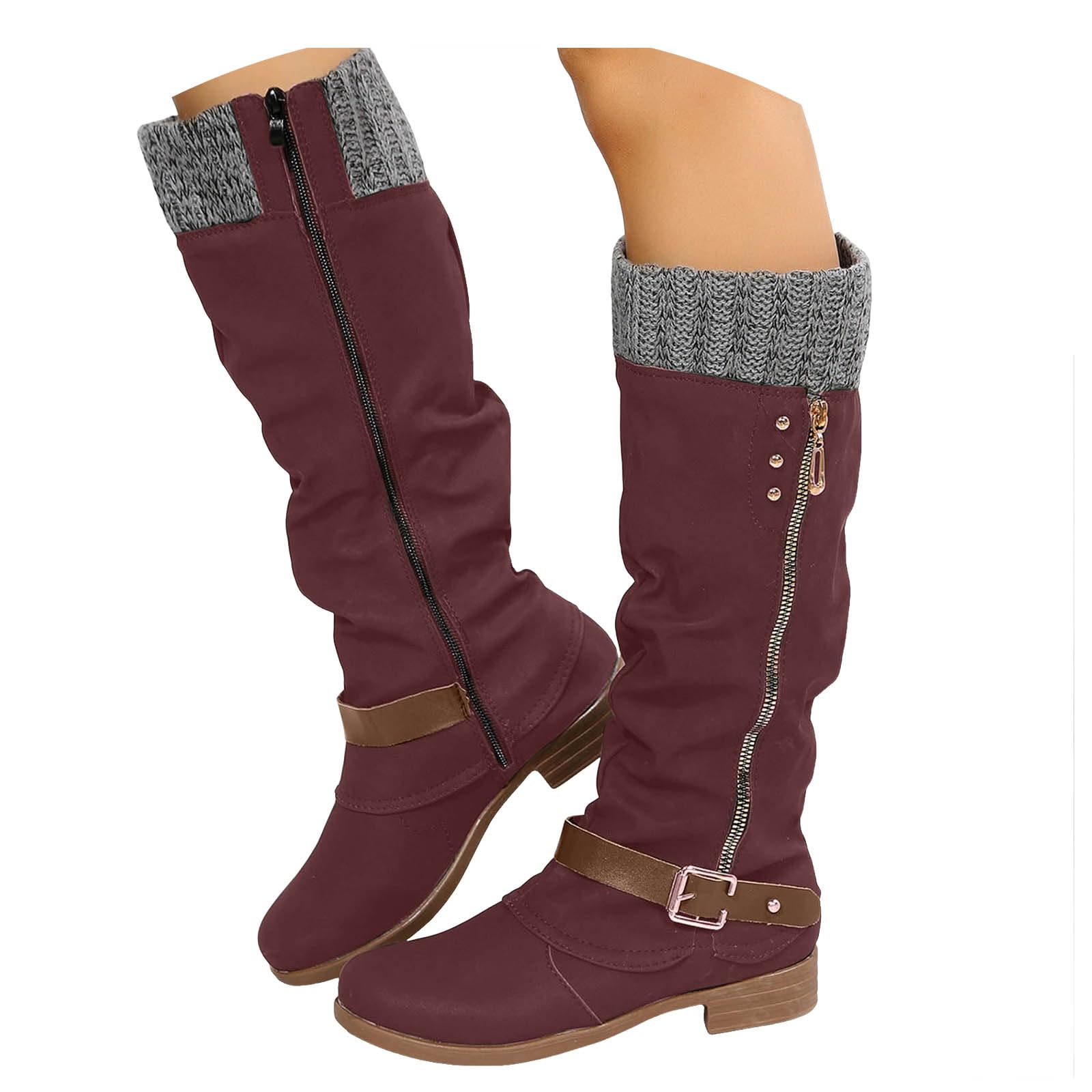 Womens Wide Calf Knee High Boots Stretchy Low Heel Round Toe Winter Long Boots for Women Fashion Sweater