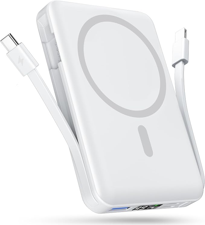 podoru for Magsafe Battery Pack, 10000mAh Magnetic Power Bank Built-in USB C Lighting Cables 22.5W PD Fast Charging LED Display Wireless Portable Charger for iPhone 16/15/14/13/12 All Series-White