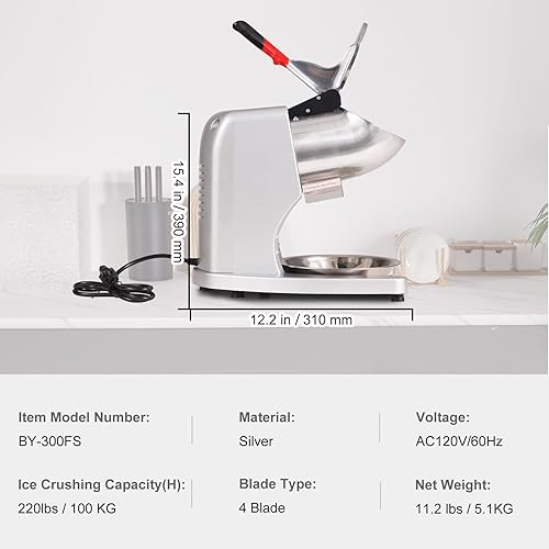 Miniatura 7 de VEVOR Máquina trituradora de hielo, máquina eléctrica de cono de nieve de 220 libras por hora con 4 cuchillas, máquina de hielo afeitado de acero