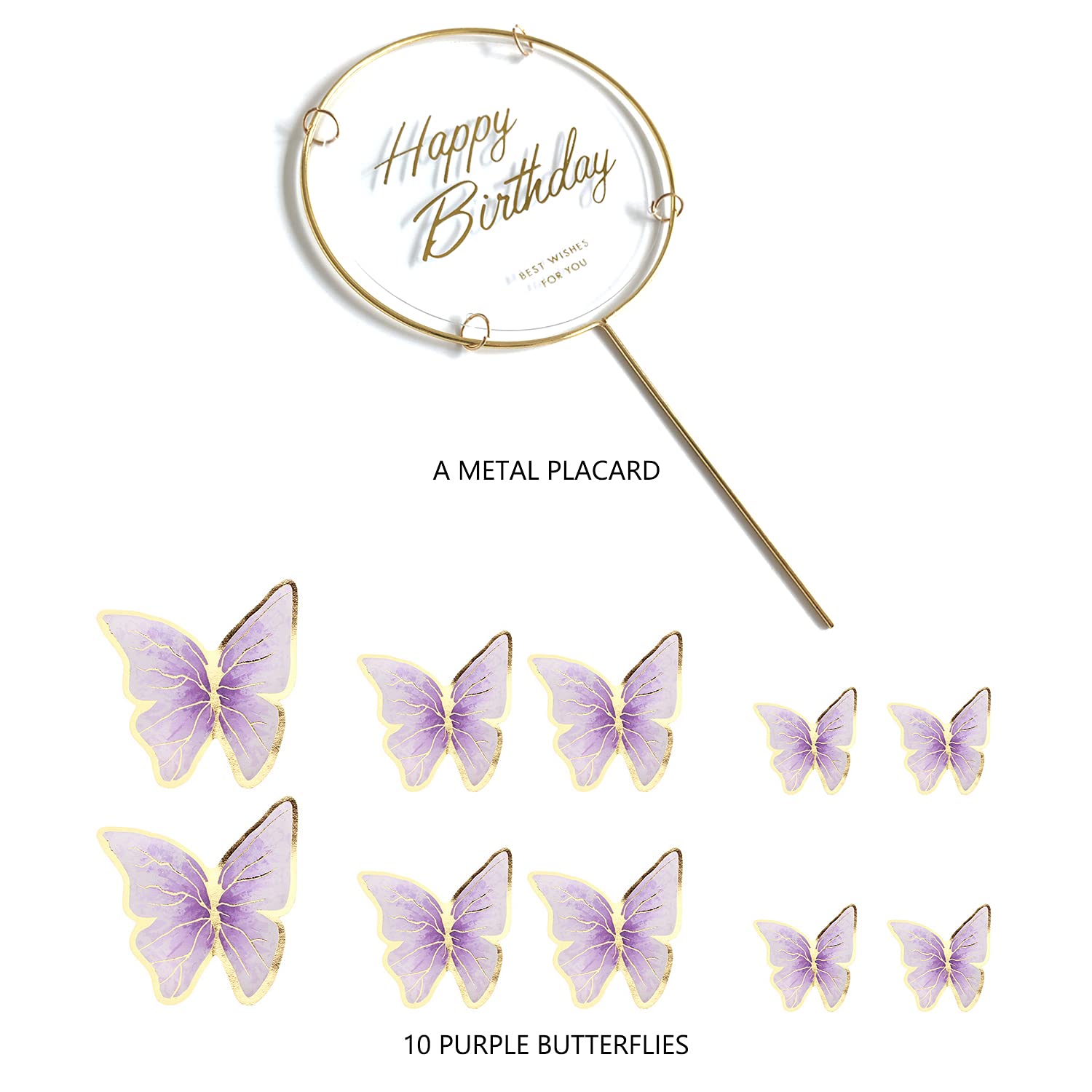 11Pieces Purple Gold Butterfly Cake Toppers Happy Birthday Metal Gold Happy Birthday Cake