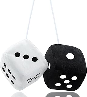 flewfun Pair 2.75” Black and White Fuzzy Plush Dice Classic Vintage, Nostalgic 80’s Fuzzy Car Dice for Automotive Interior Mirrors, Car Decor Fuzzy Plush Dice, Car Mirror Fuzzy Dice
