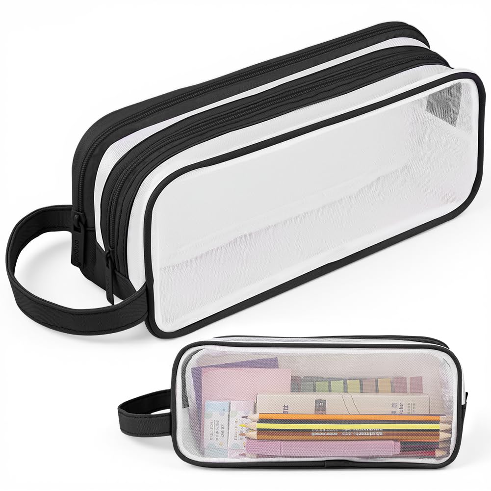 APXEL Federmäppchen Teenager Schlampermäppchen Durchsichtig Mäppchen Große mit 2 Fcächer Tragegriff Mäppchen Mädchen Pencil Case Clear Federtaschen Etui Schule Studentin, Schwarz