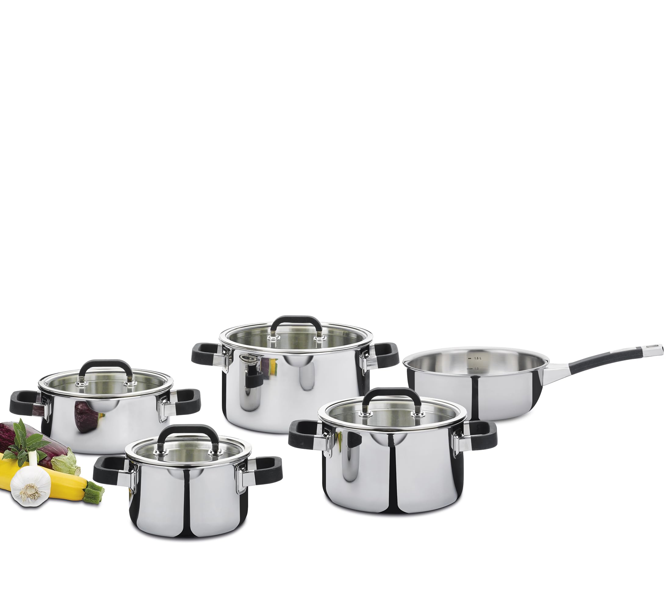 Spring FUSION2+ Topfset 5-tlg., 5-Lagen Edelstahl, induktionsgeeignet | Kochtöpfe, Bratentopf, Sauteuse, spülmaschinenfest, backofengeeignet, Glasdeckel, hitzebeständige Griffe