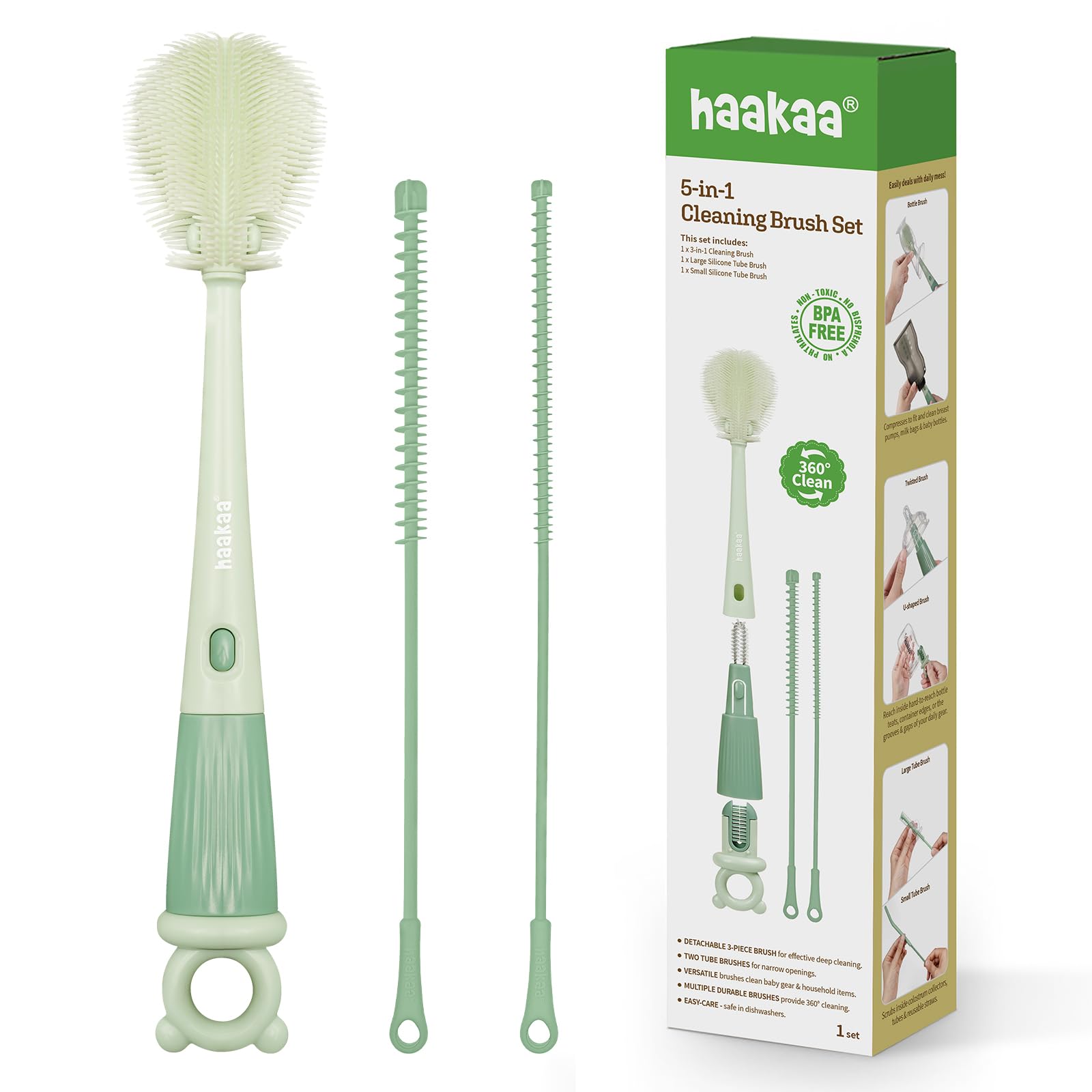 Haakaa 5-in-1 Cleaning Brush Set – Baby Bottle Brush & Bottle Brush Cleaner, Multi-Purpose 360° Comprehensive Cleaning for Breast Pumps, Breast Milk