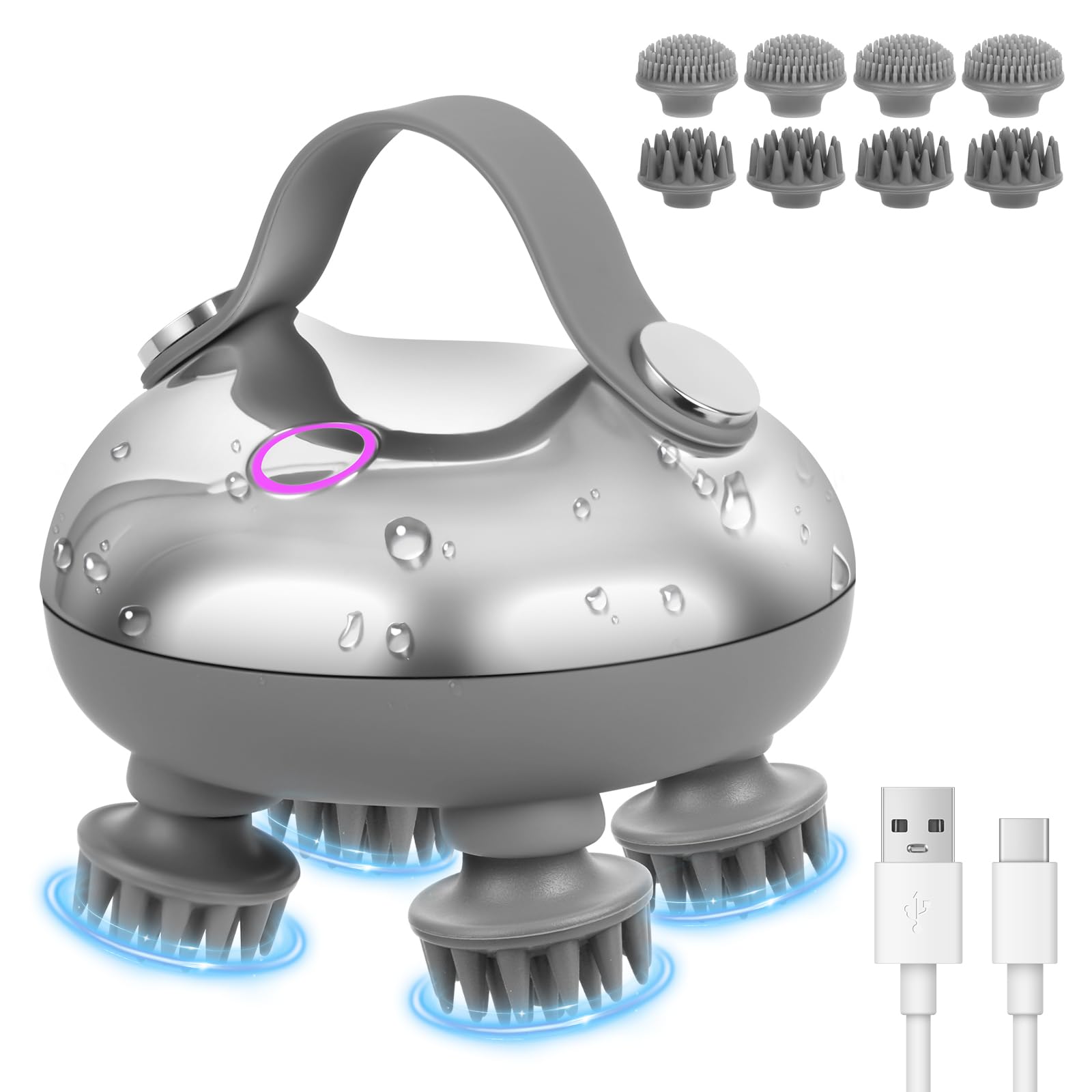 Masajeador Cabeza Electrico,Masajeador de Cuero Cabelludo y Cuerpo Portátil Recargable Impermeable, con 8 Cabezales de Masaje de Repuesto, para el Crecimiento del Pelo de Personas y Mascotas