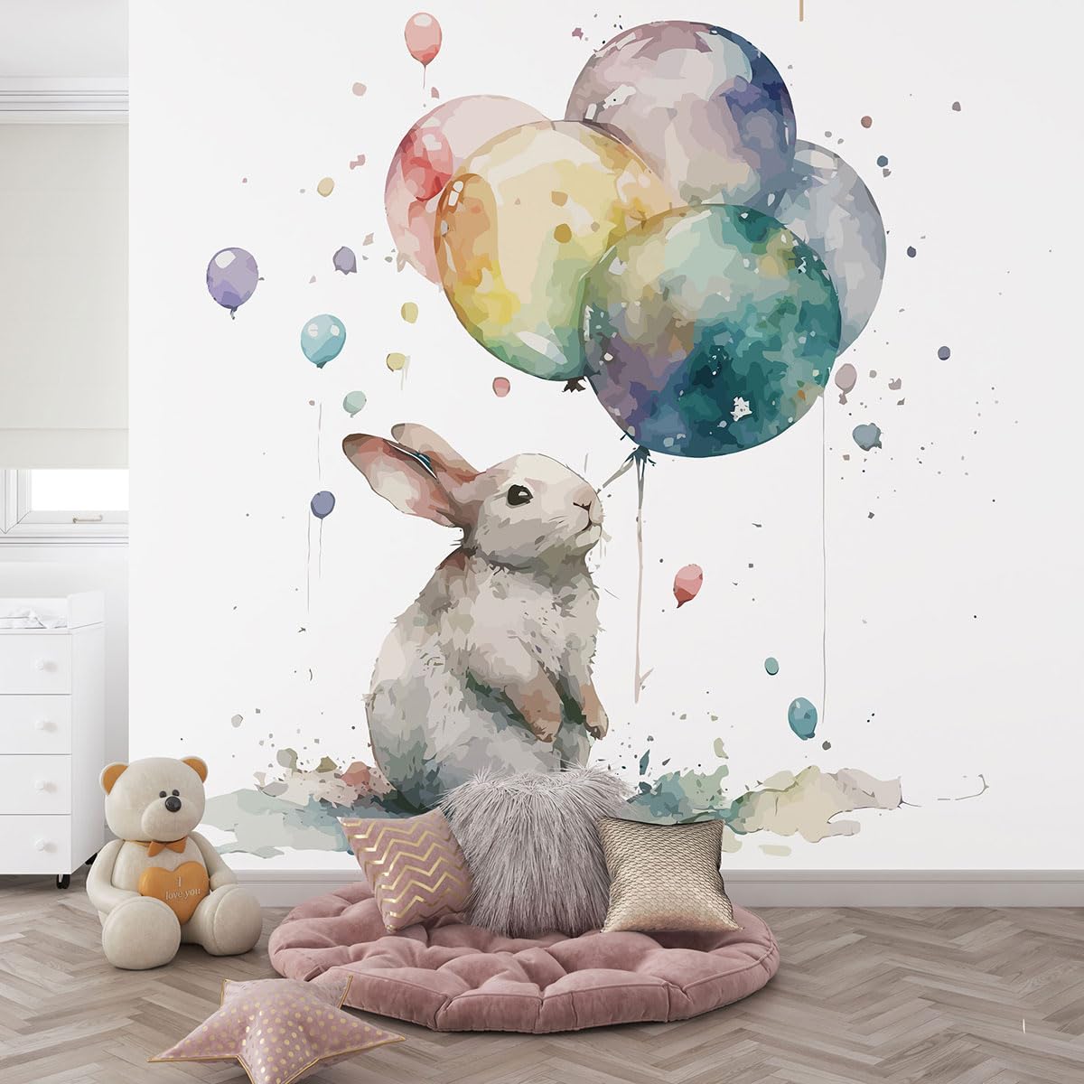 Panorama Tapete Kinder – Kaninchen Luftballons 3617680683354 – Breite 195 cm x Höhe 125 cm