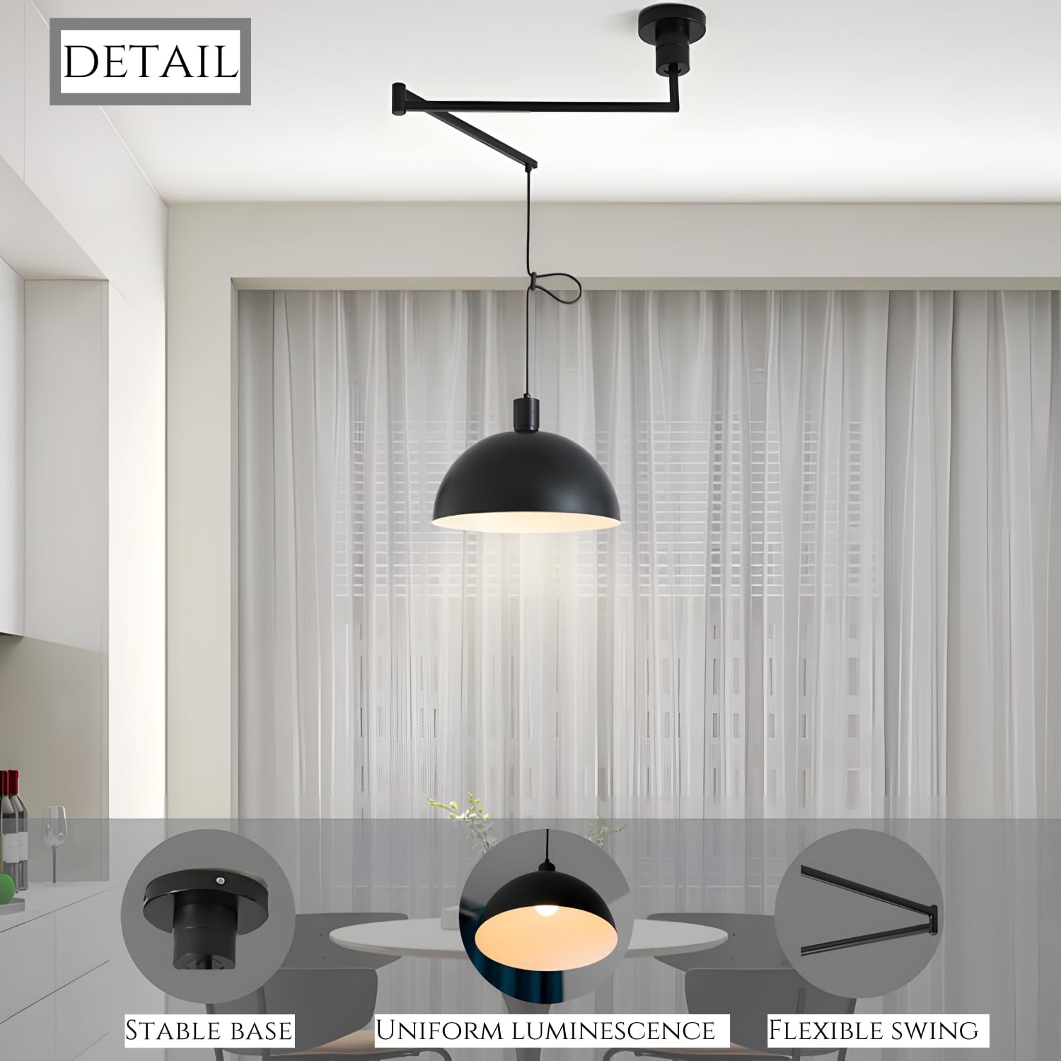 Bofea-Modern Black Pendant Lights Kitchen Island Industrial Dome Pendant Light Fixtures Swing Arm Dining Light Adjustable Hanging Lights Fixtures for Dining Room,Island Lighting