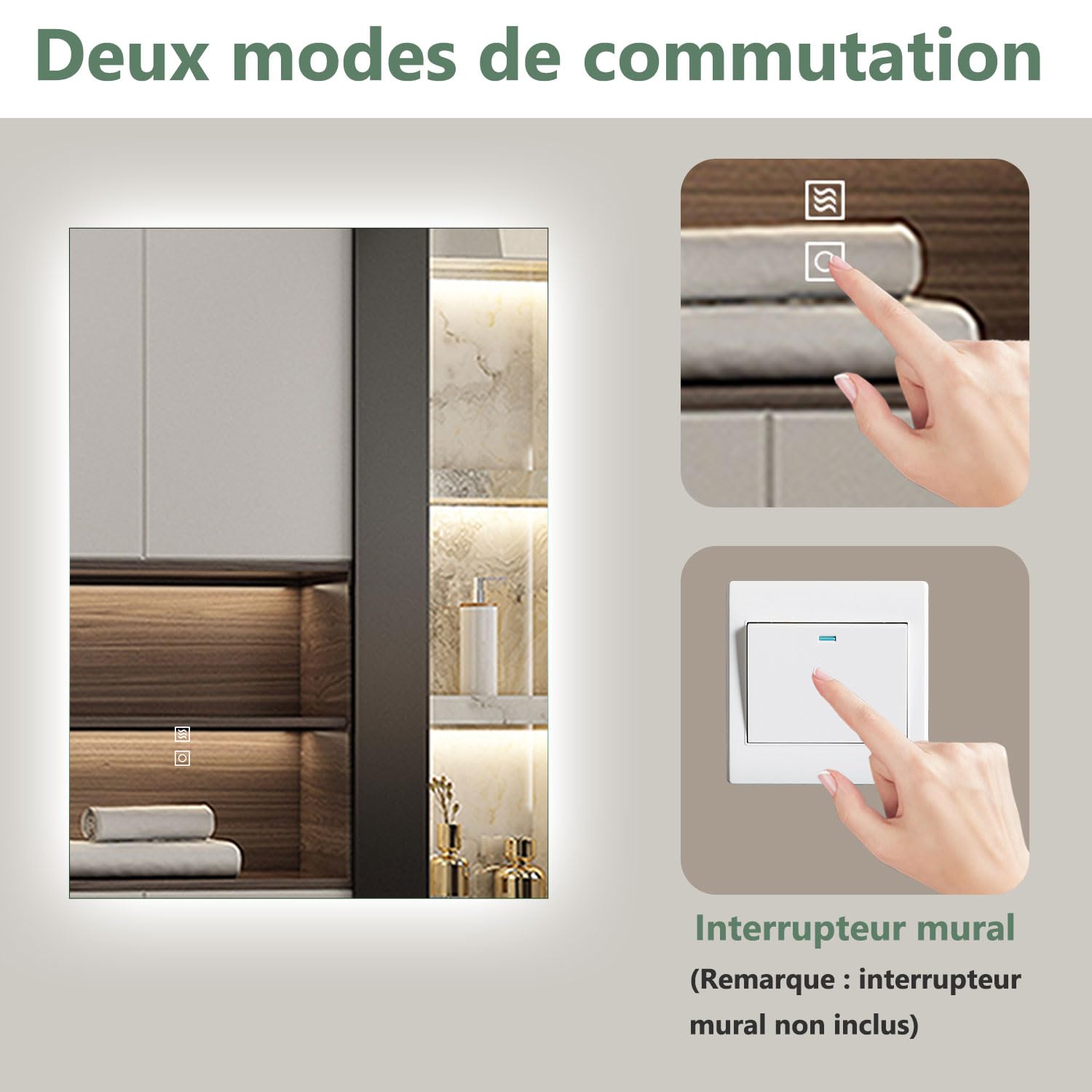 AICA Miroir Salle de Bain rectangulaire 70 x 50cm, 3 Couleurs + dimmable + Anti-buée + mémoire, Miroir Lumineux LED