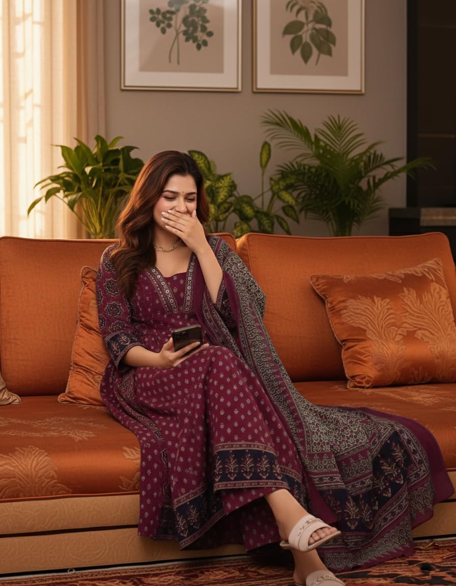ANNI Designer Ensemble Kurta Anarkali pour femme en pur coton avec dupatta et plazzo – Ensemble de costume imprimé à la main | Robe élégante | Ensemble Kurta en coton pour femme