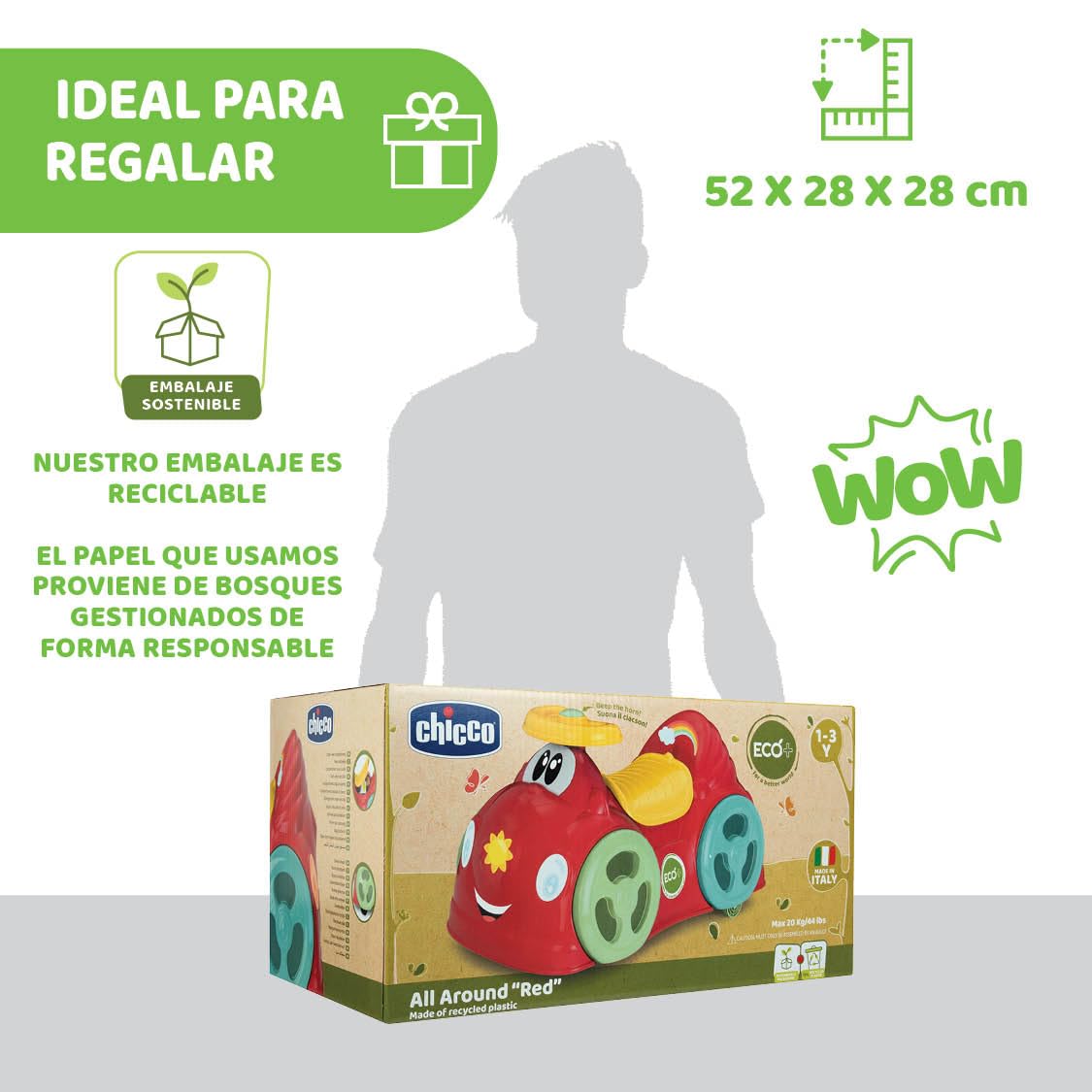 Chicco All Around, Eco+ Rojo, Correpasillos para Niños 1 a 3 Años (Máx. 20 kg), Fabricado en Italia, 75% Plástico Reciclado, Ruedas Giratorias, Claxon Mecánico, Almacenamiento, Pegatinas Incluidas