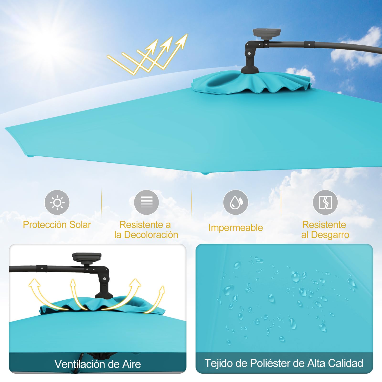 COSTWAY Sombrilla Terraza Exterior 3x3, Parasol Excentrico con 32 Luces LED Solar, Base Cruzada, Ajuste de Inclinación y Manivela, Rotación de 360°, Sombriila Jardin Terraza Balcón Patio
