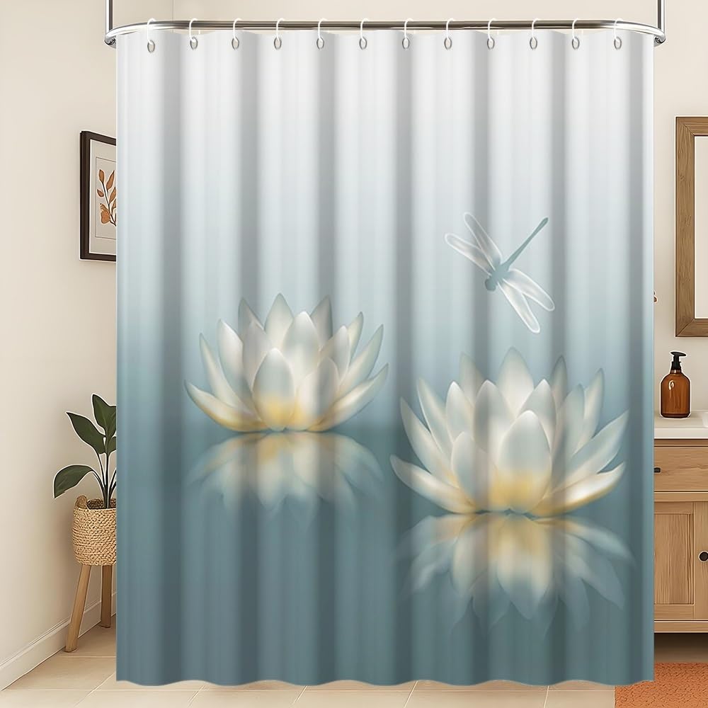 Rideau de douche imperméable et lavable motif lotus blanc pour baignoire XL