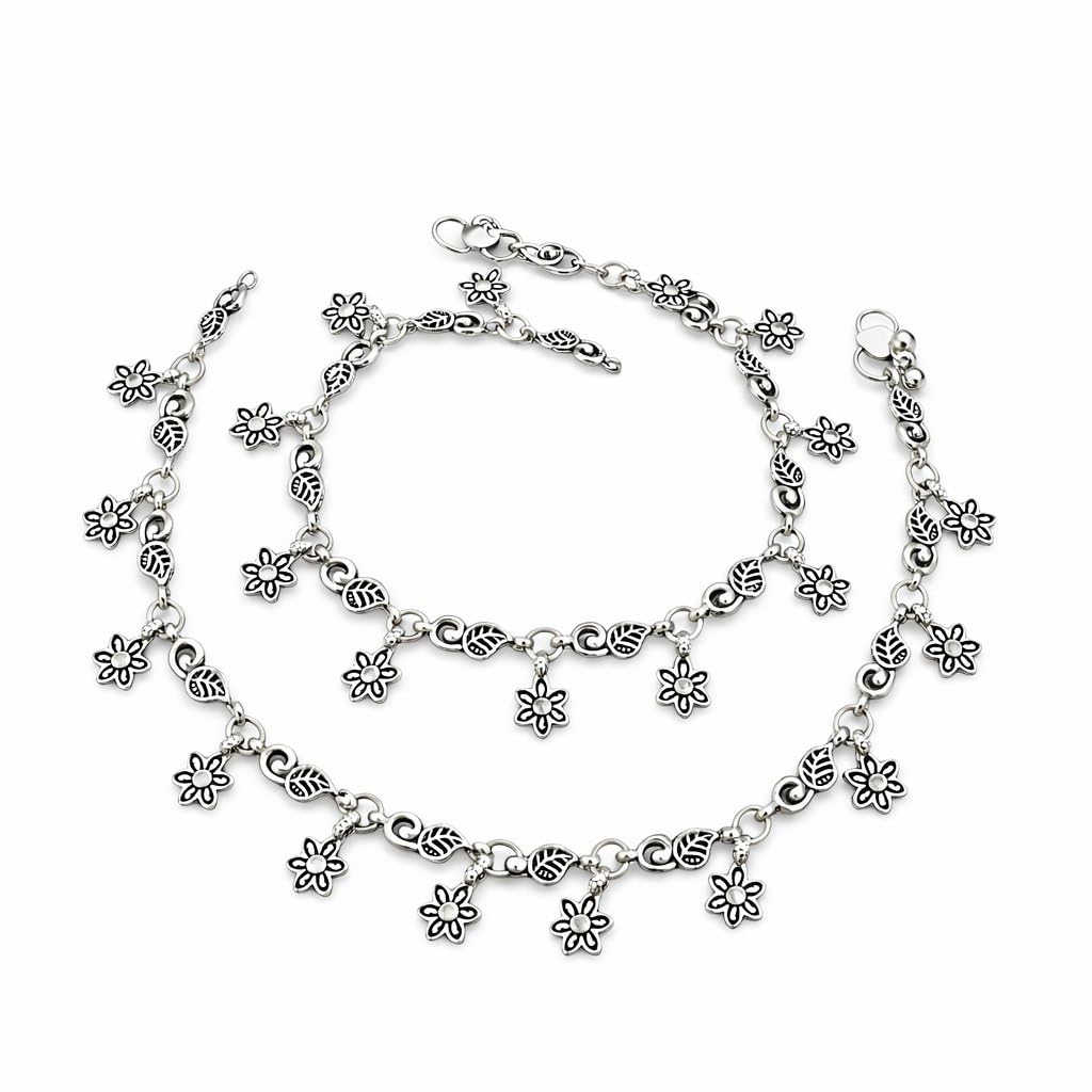 gildedera Stylish Oxidised Silver Floral Anklet for Women & Girls - Lightweight Boho Payal with Leaf and Flower Charms | Adjustable Ethnic Foot Jewelry for Daily Wear-picture-55