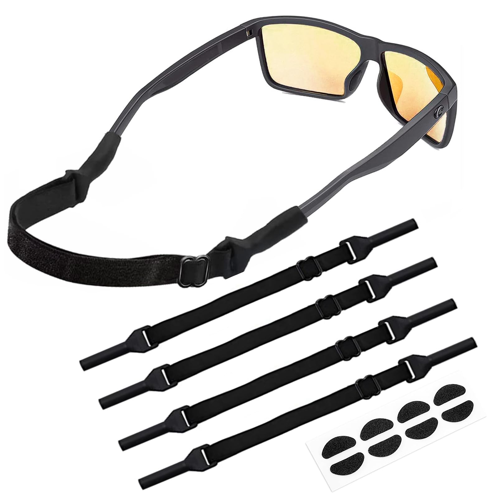 NICKLIN Cordones para Gafas- 4 Correas Ajustables para Anteojos Sol - Gafas Deportivas Antideslizantes Correas Elásticas Silicona - Cordón de Gafas con Plaquetas Nasales para Hombre Mujer - Negro