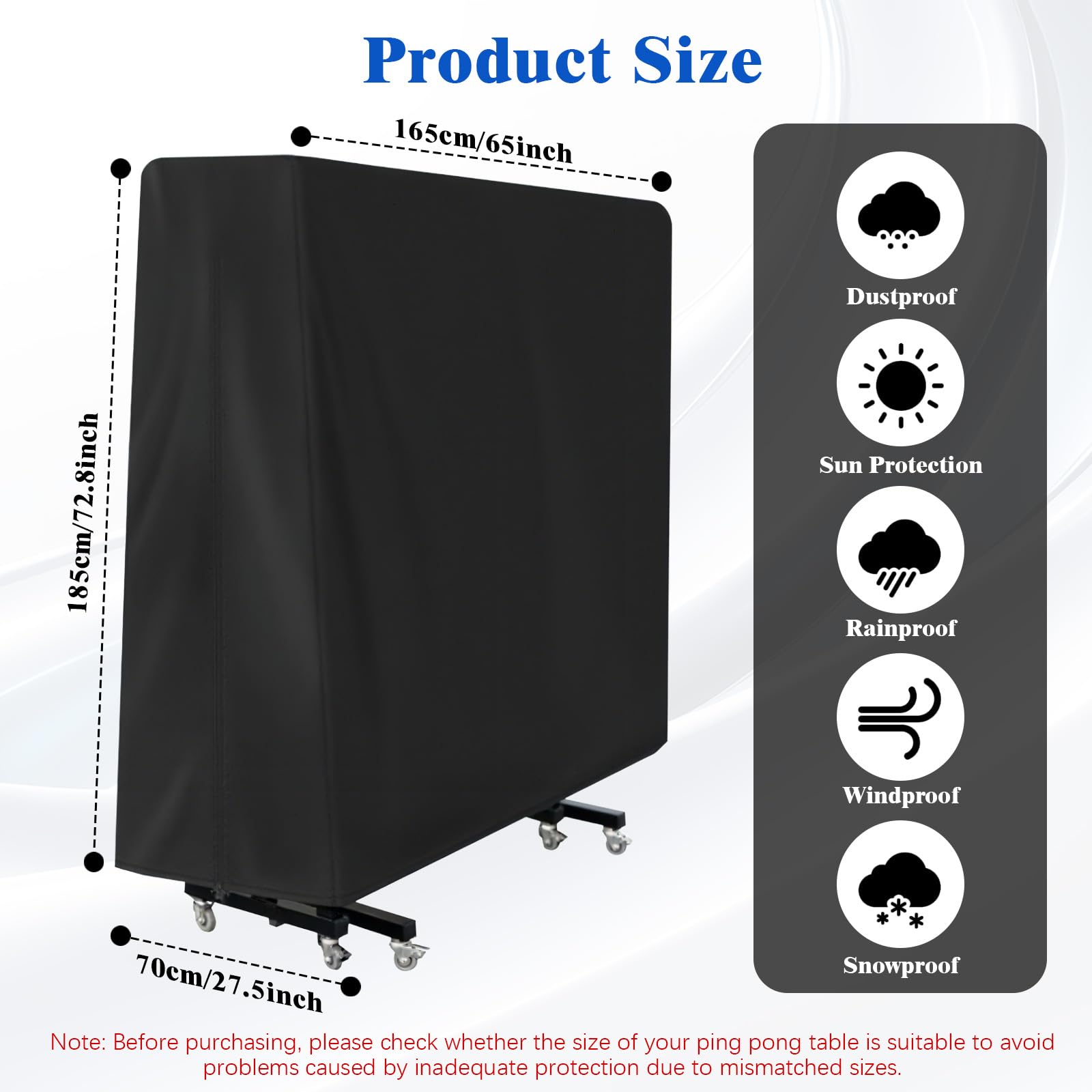Housse Table Ping Pong Exterieur 165×70×185cm Oxford Imperméable Résistant UV Noir