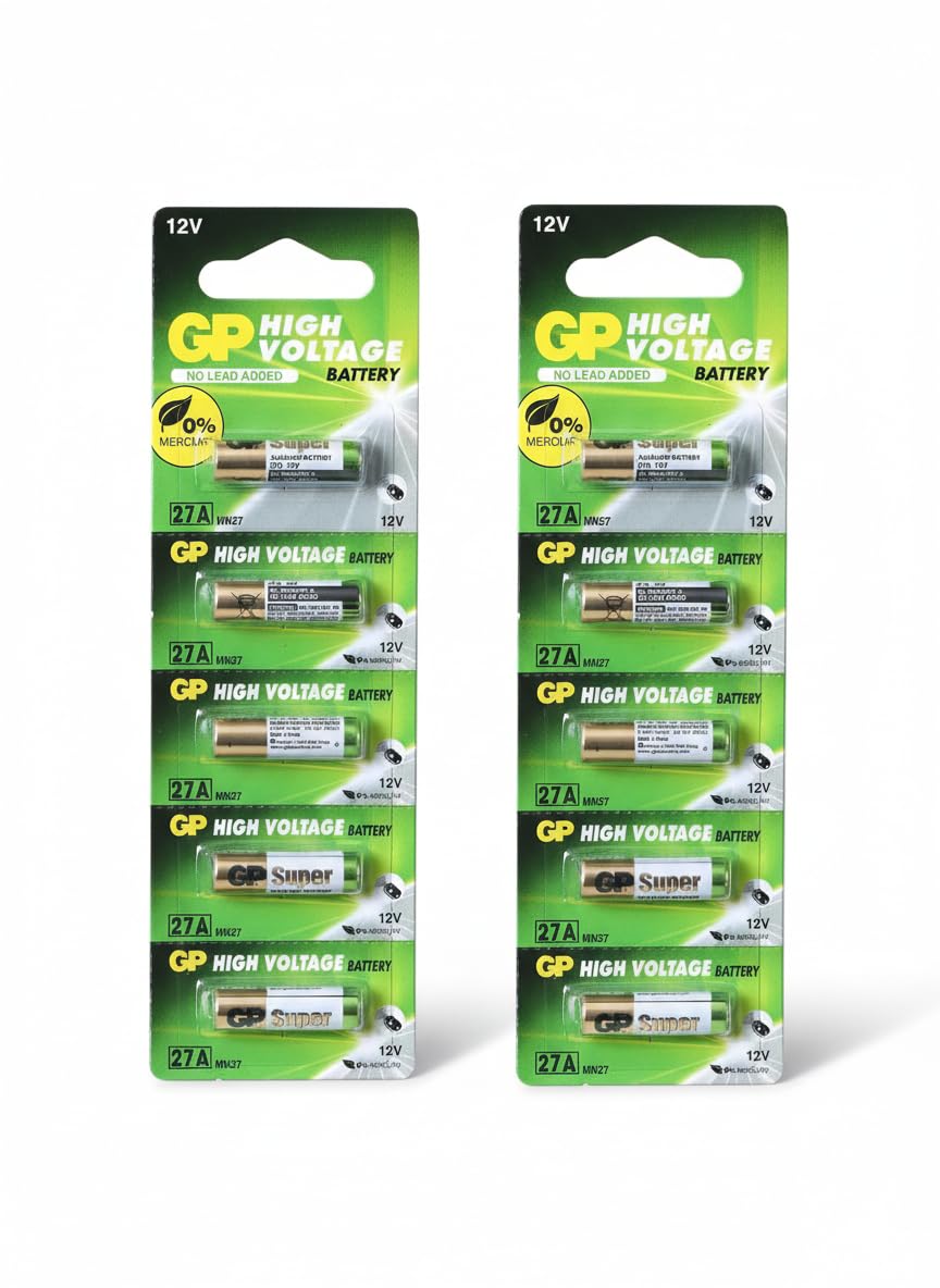 GP 27A 12V High Voltage Alkaline Battery 10-Pack | Long-Lasting MN27 A27 Replacement Cells for Remote Controls, Car Key Fobs, Doorbells, Toys & Electronic Devices | Non-Rechargeable Leak-Proof Design