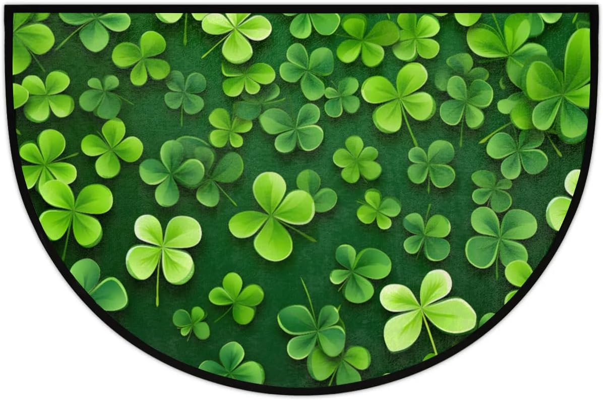 cfpolar Half Round Door Mat Green Leaves Clover Non-Slip Semi Circle Area Rug Washable Half Moon Hearth Rugs for Indoor Outdoor Bathroom Kitchen Patio Runner Mat Laundry Room Home Decoration
