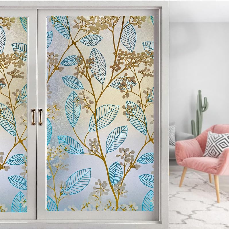 Image of Decorative Glass Film Window Film for Glass Film for Windows Privacy - Blue Leaves24 X 24 Inchs