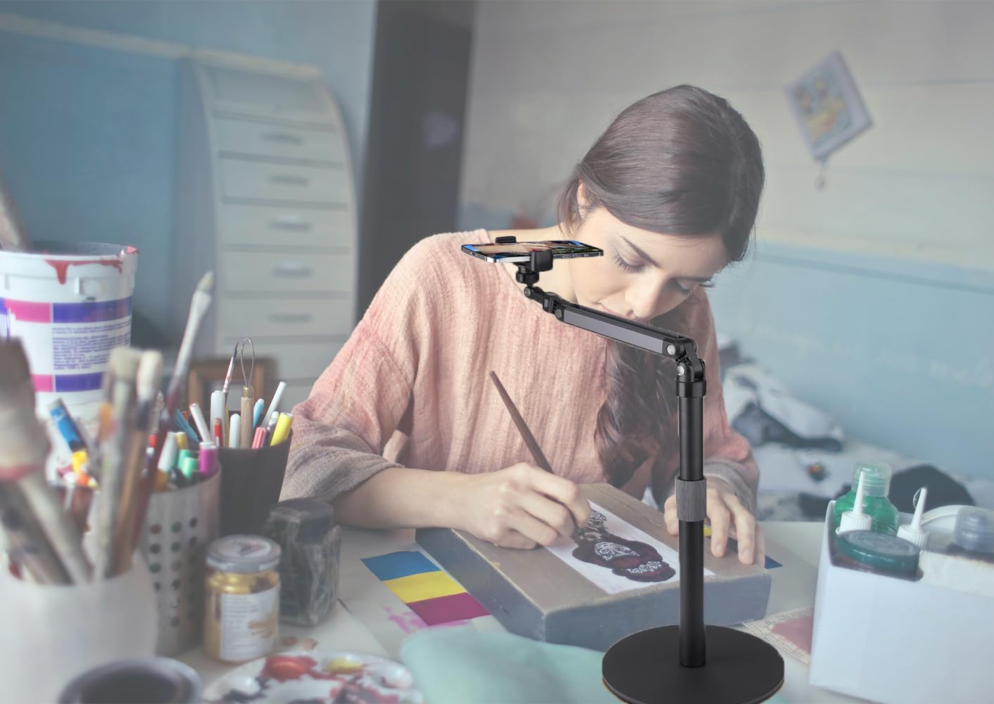 Soporte de teléfono resistente para grabación de video de escritorio para iPhone, con brazo de extensión, giro de 360°, para filmación, reuniones, cocina, pintura y manualidades