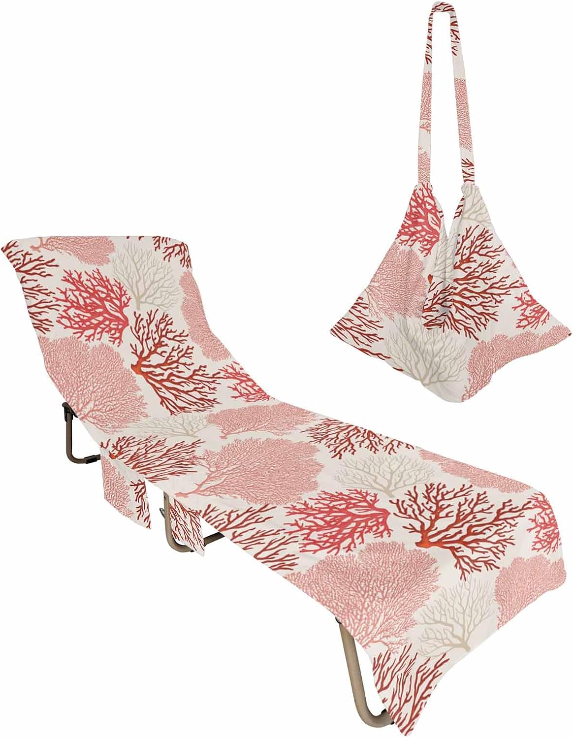 Vintage Red Beach Pool Patio Lounge Chaise Chair Cover Towel With Pockets,Absorbent & Quick Dry Microfiber Towel Cover Bag Summer Accessories for Sunbathing Geometric Abstract Ocean Sea Beach Coral