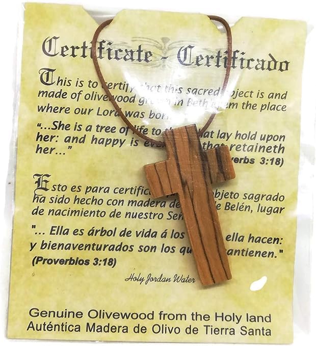 HolyRosesHJW Olive Wood Pendant | Handcrafted Christian Cross Design from The Holy Land | Certificate of Origin Included | Genuine Product