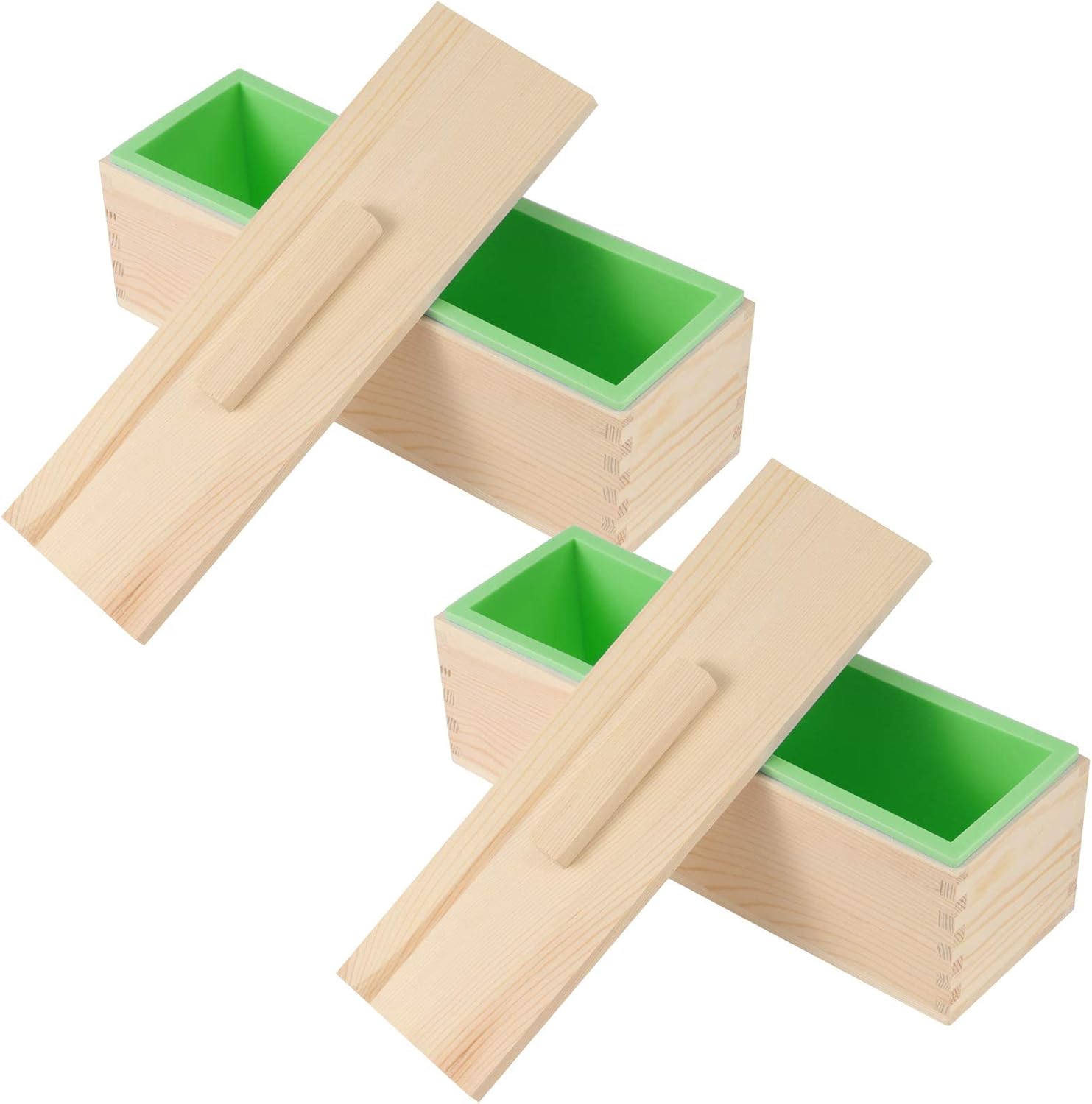 2 Pack 42oz Flexible Rectangular Silicone Soap Mold, Soap Loaf Mold with Wooden Box for Soap Making, Candle, Cake, Pudding, Chocolates, Green