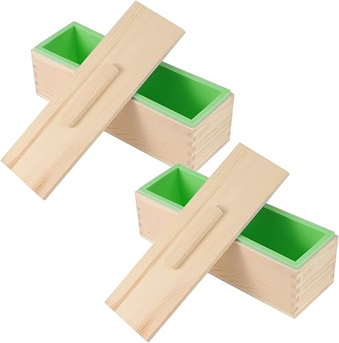 Paquete de 2 moldes de jabón de silicona rectangulares flexibles de 42 onzas, molde para pan de jabón con caja de madera para hacer jabón, velas,