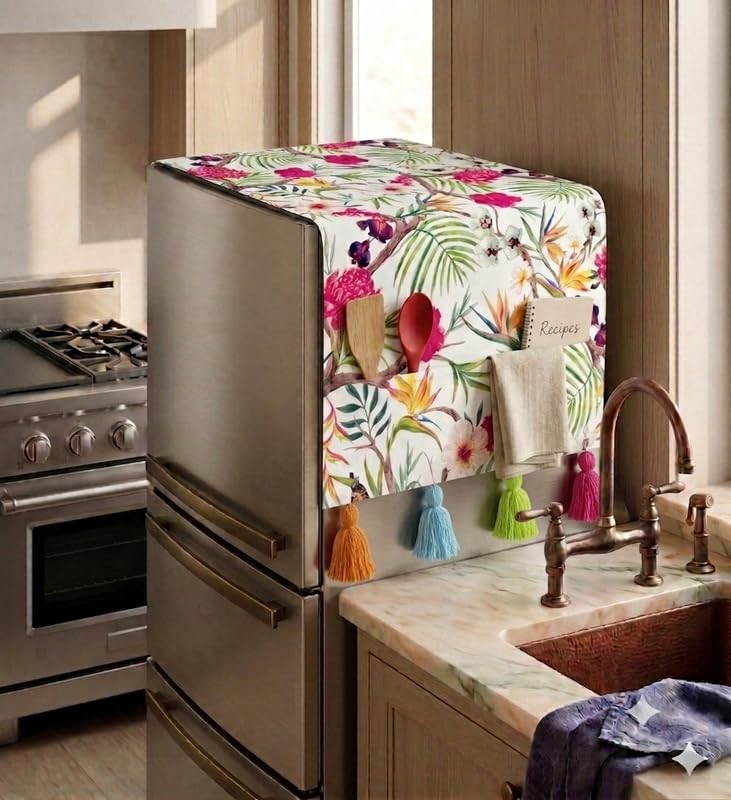 Image of Triple Door Fridge Cover 100-250L | 450 GSM Durable Fridge Top Cover with Tassels & Pockets | Fits Godrej, LG, Haier, Samsung Models | Dustproof Refrigerator Cover in Floral | WWW.THROWPILLOW.IN