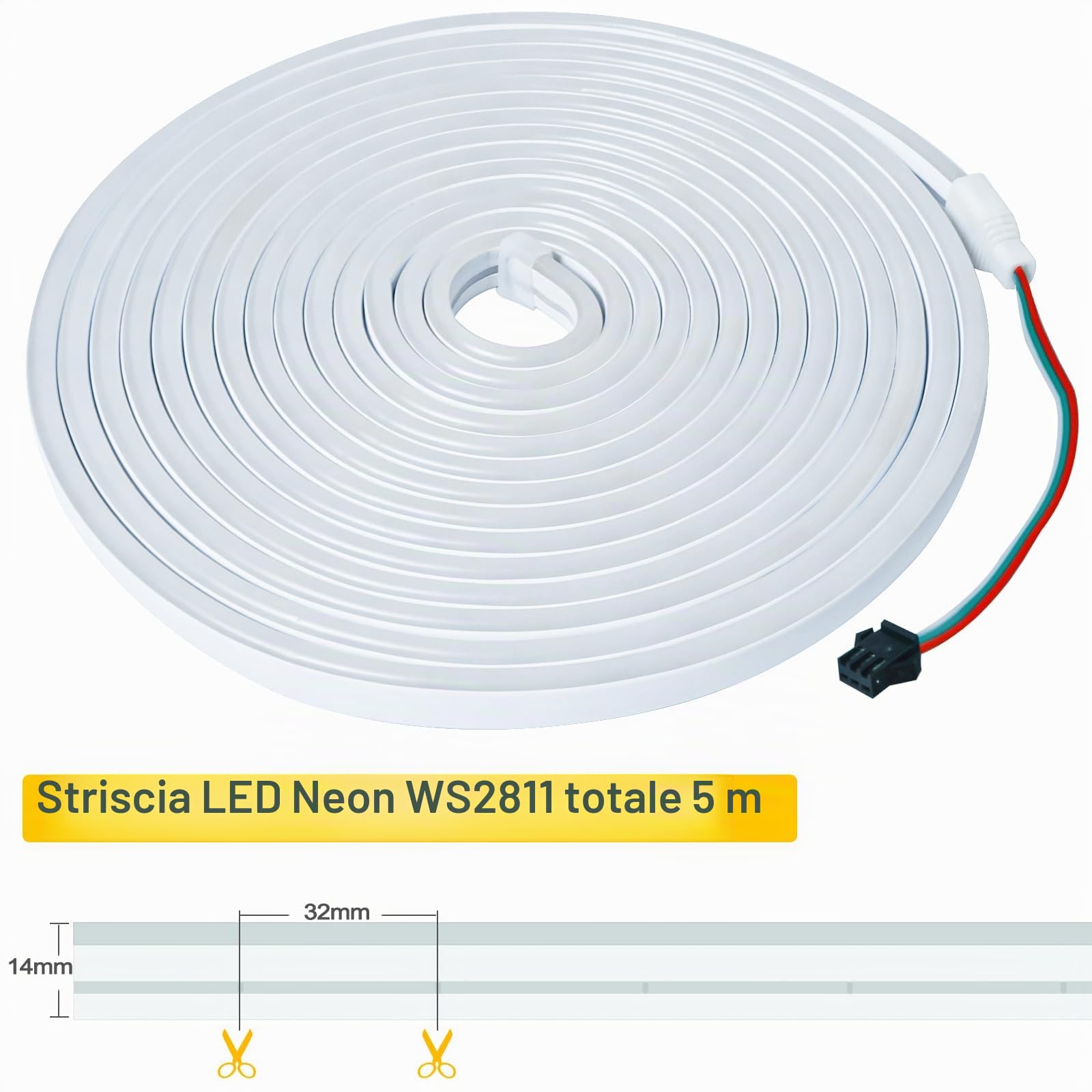 12V WS2811 Striscia LED Neon, RGB Pixel Strip 5 Metri Flessibile IP65 Impermeabile Nastri Intelligente Indirizzabile Individualmente a Colori per Decorazione Pubblicitaria DIY