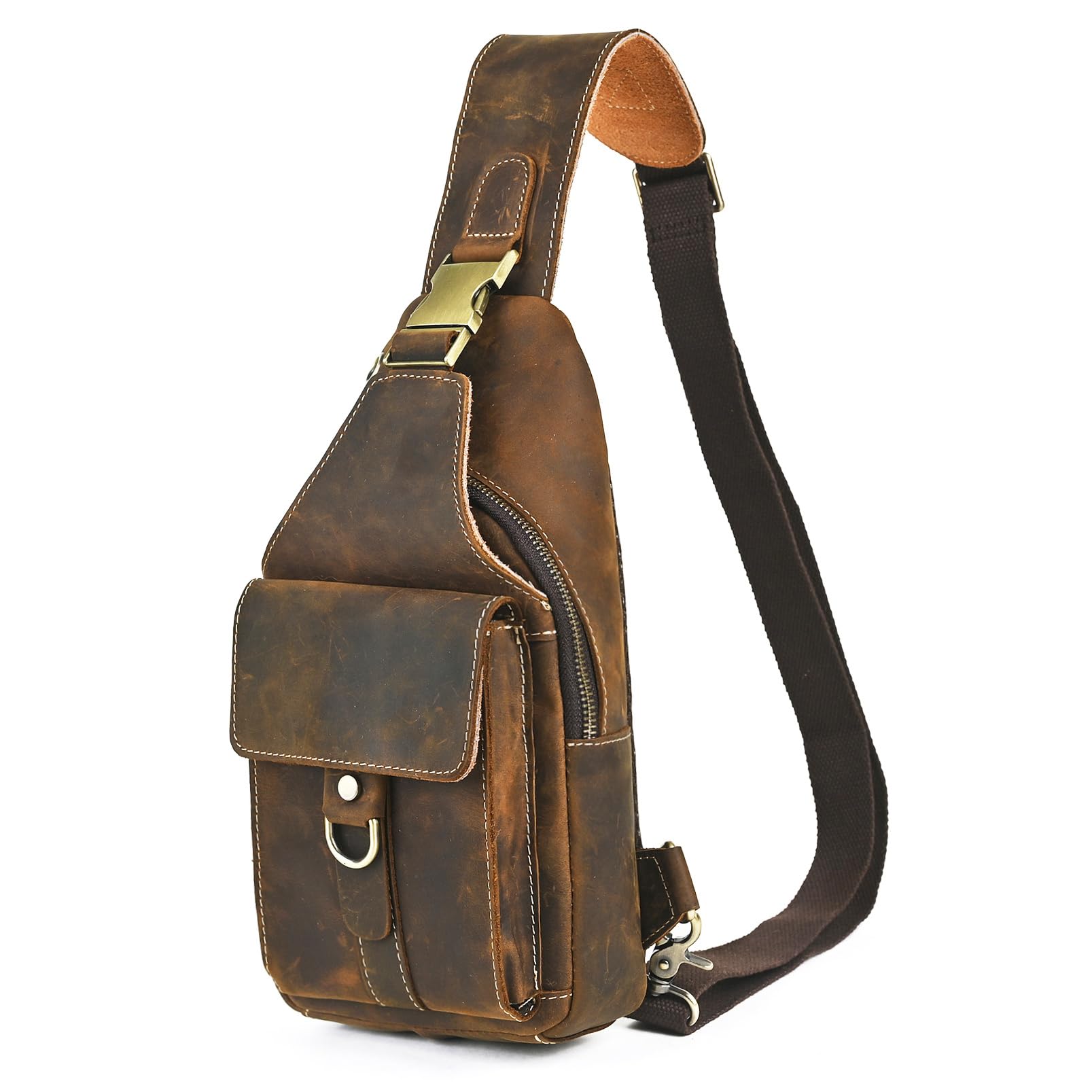 Genuine Leather Hiking Travel DayPack Sling Crossbody Triangle Chest Pack Bag For Men Women 8241