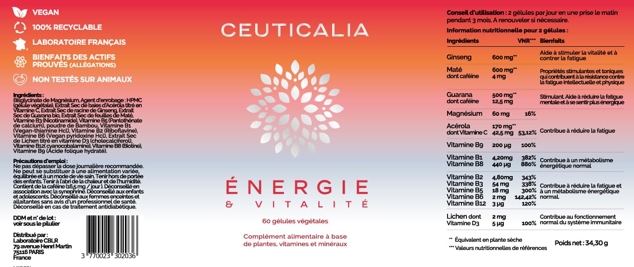 Complément Alimentaire Énergie et Vitalité - Boost Energie Anti Fatigue et Épuisement - Pour Adulte - Ginseng, Guarana, Maté, Acérola, Magnésium, Vitamines D et B - 180 Gélules - 90 Jours