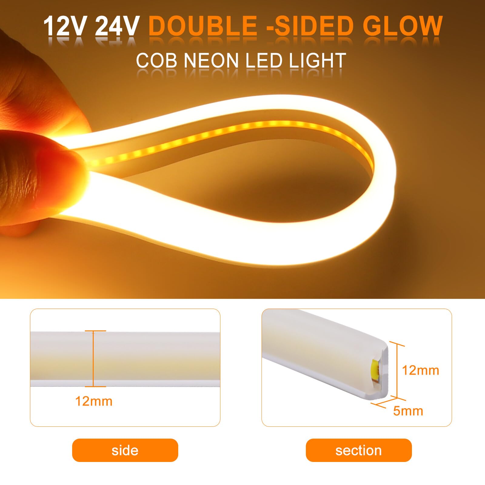 24V Tira LED de neón COB[15m, Blanco cálido 3000-3500K],flexible e impermeable IP65,320 LEDs/m cortable iluminación de doble cara FCOB CRI85+,decoración e iluminación para hogar/tienda