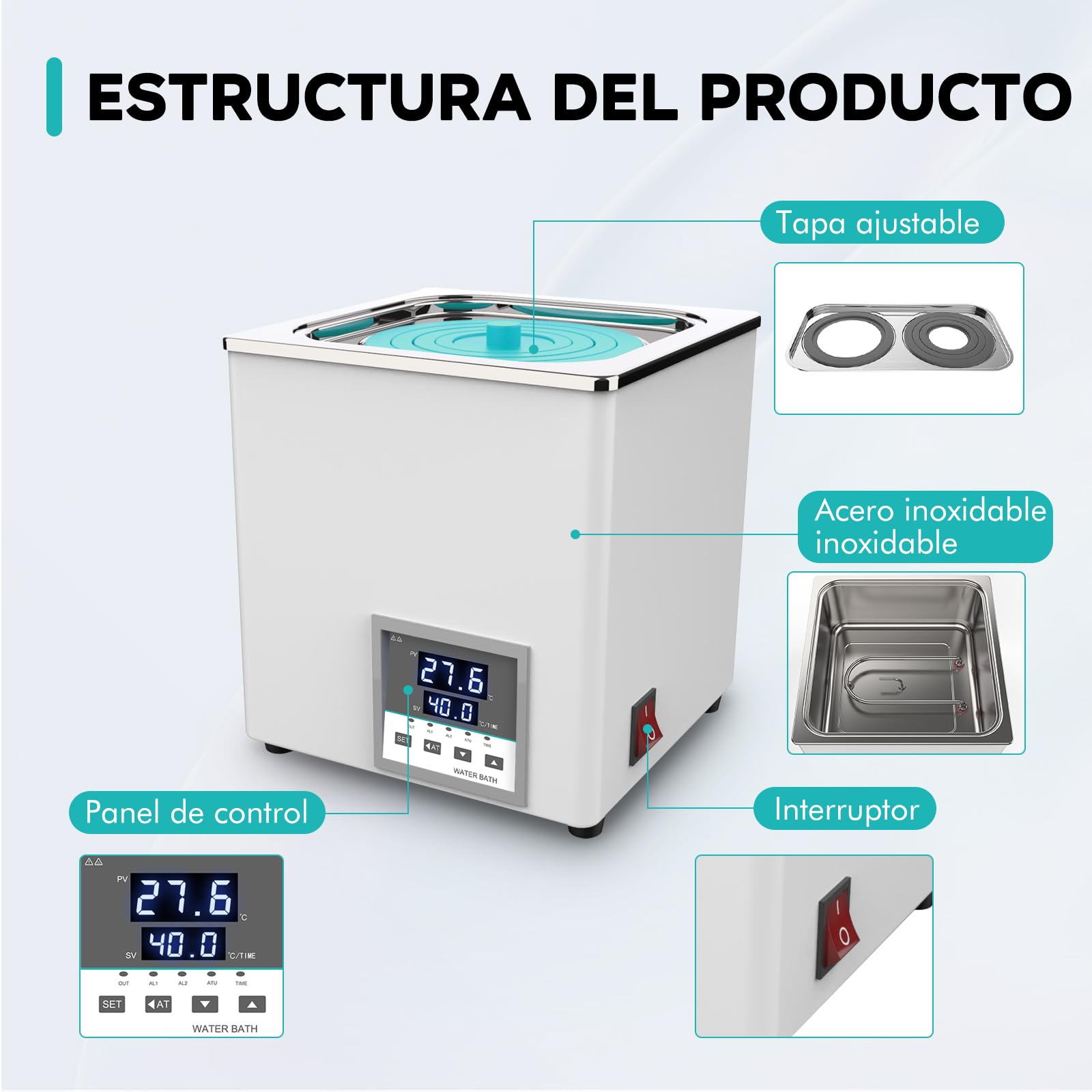 LAB FISH Baño María Baño de Agua Termostatico Laboratorio 3L, 300W - Doble Abertura, Acero Inox - Termostato Preciso ±0,1°C - Temporizador 0-999min - Pantalla LED
