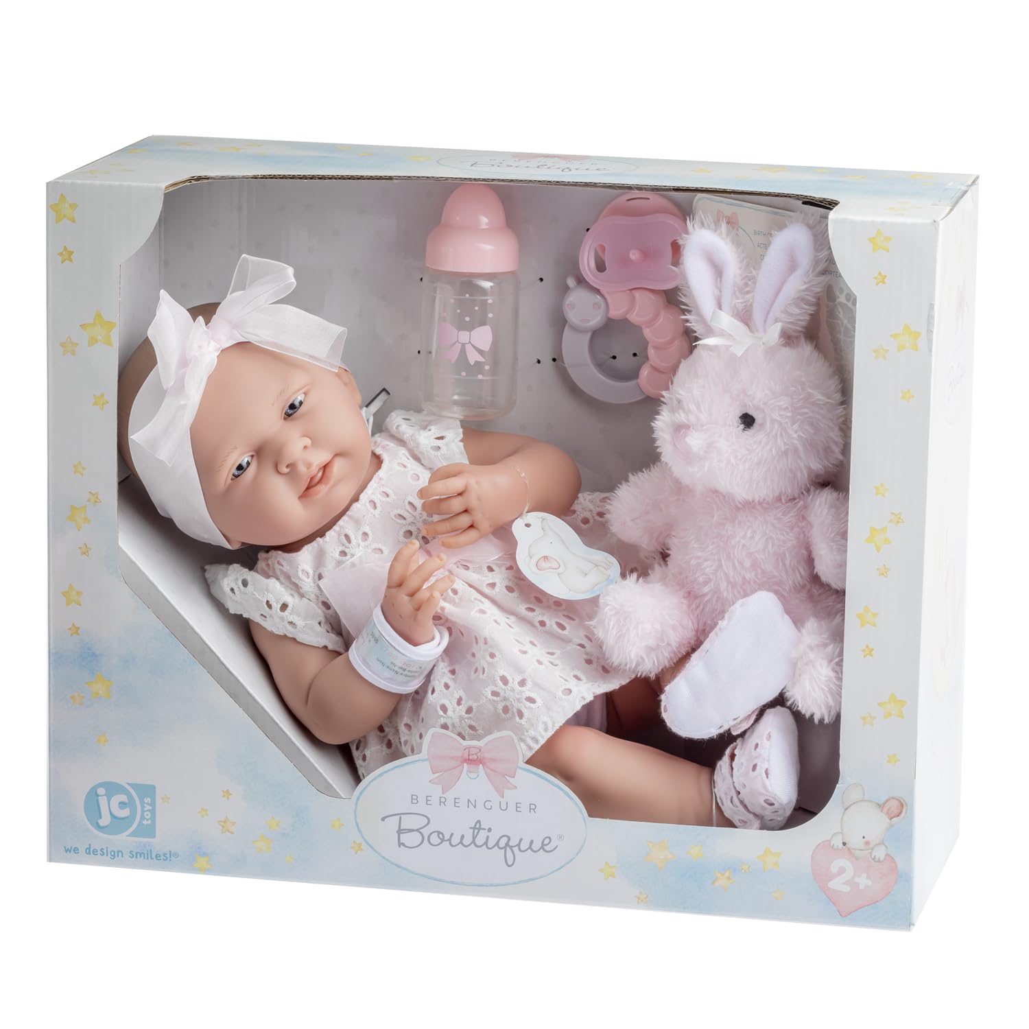 JC TOYS- Muñeca La Newborn recién Nacida de 38 cm es de Vinilo Suave, Ropa de algodón Calado y Accesorios, niña, Rosa, diseñado en España por Berenguer, 2 años