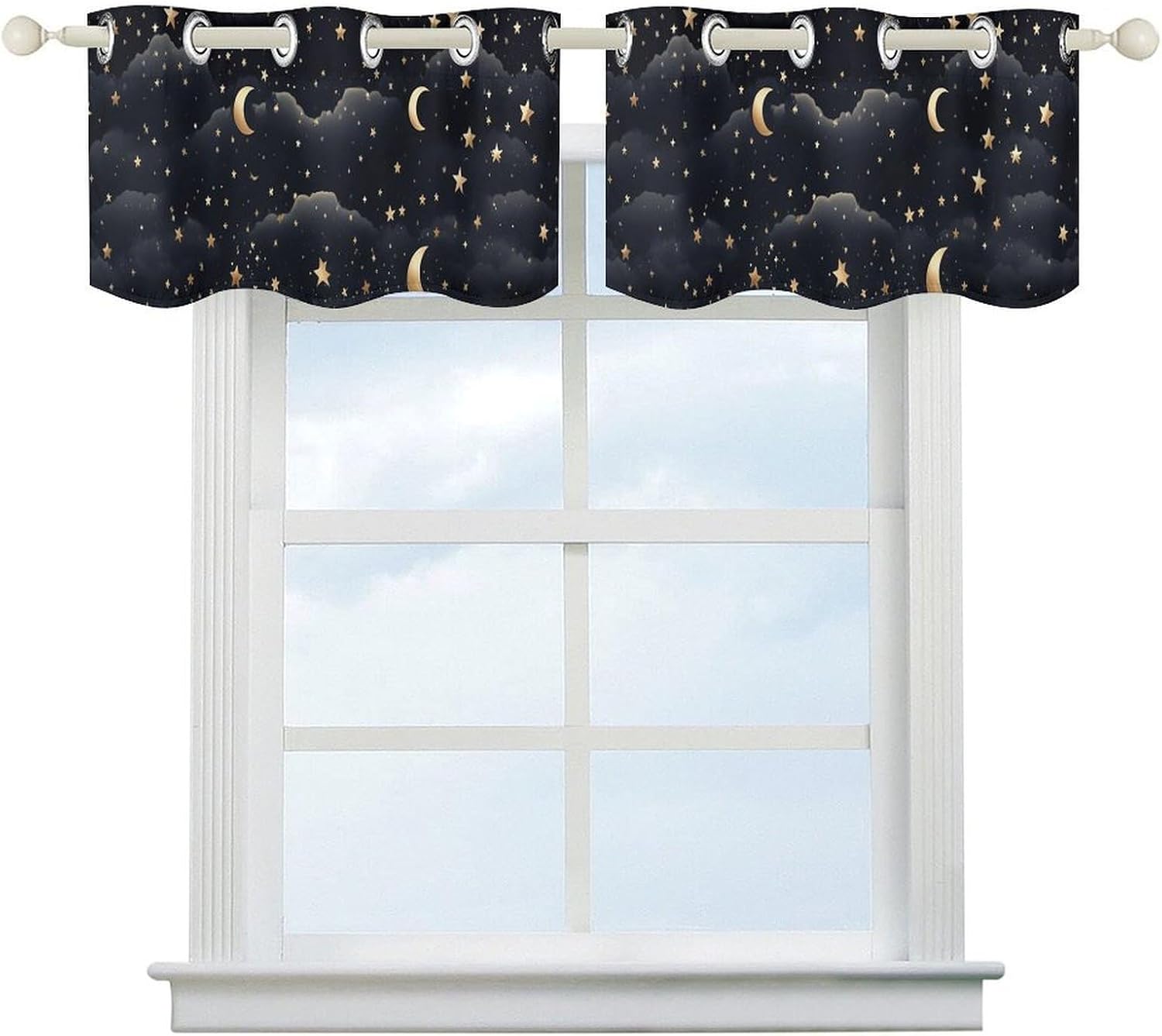 Stars and Moon on Dark Background Valance for Windows, 2 Pack Kitchen Curtains Modern Home Decor, Soft Blackout Window Curtains for Living Room & Bedroom, 18 X 52 Inch