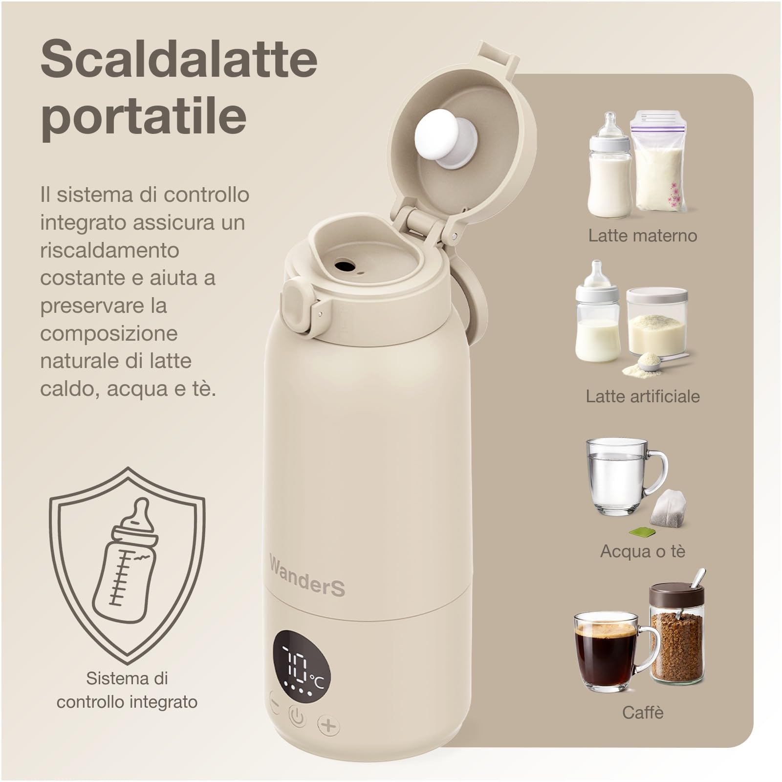 Scaldabiberon Portatile di WanderS – 500ML Scaldabiberon da Viaggio - Controllo della Temperatura, Sterilizzazione, Acciaio Inossidabile 316L, Ricarica USB-C, Impermeabile IPX6 e Blocco di Sicurezza