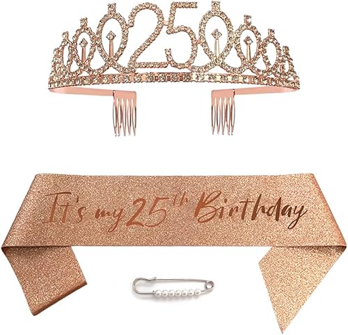 Tiara y coronas de 25 cumpleaños para niñas, tiara de oro rosa de reina de cumpleaños, tiara de princesa con diamantes de imitación con peines,