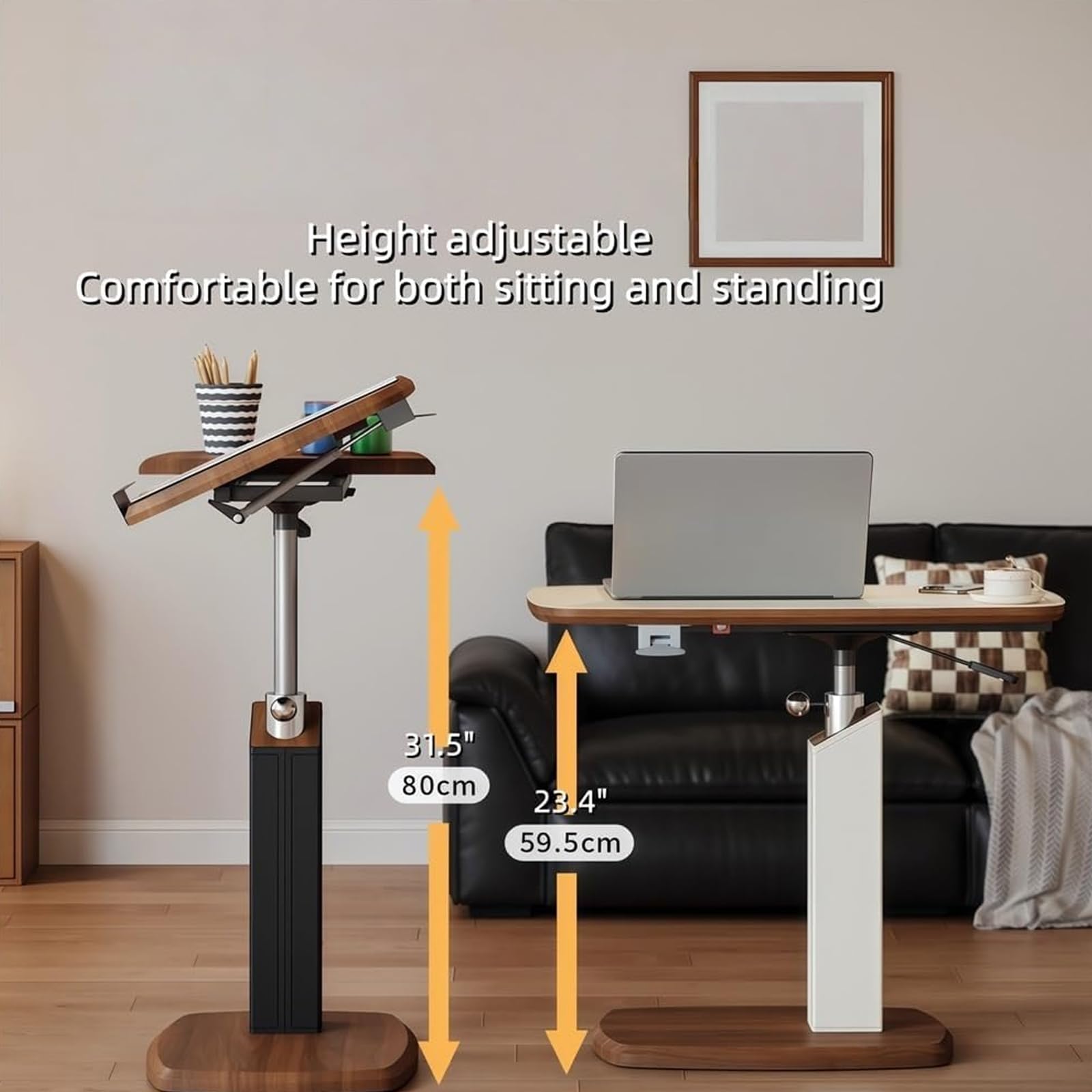 Mesa auxiliar en forma de C de altura ajustable con parte superior giratoria, mesa de sofá rodante que se desliza debajo del sofá, bandeja de TV para cama, color blanco